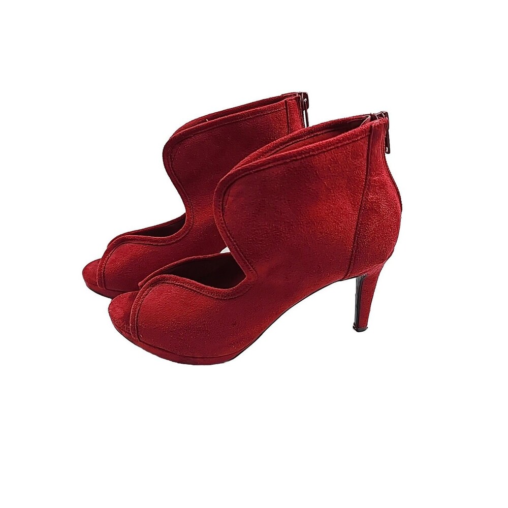 Impo Womens Red Stiletto Open Toe Zip Back Bootie Shoes Size 5.5 Faux Suede